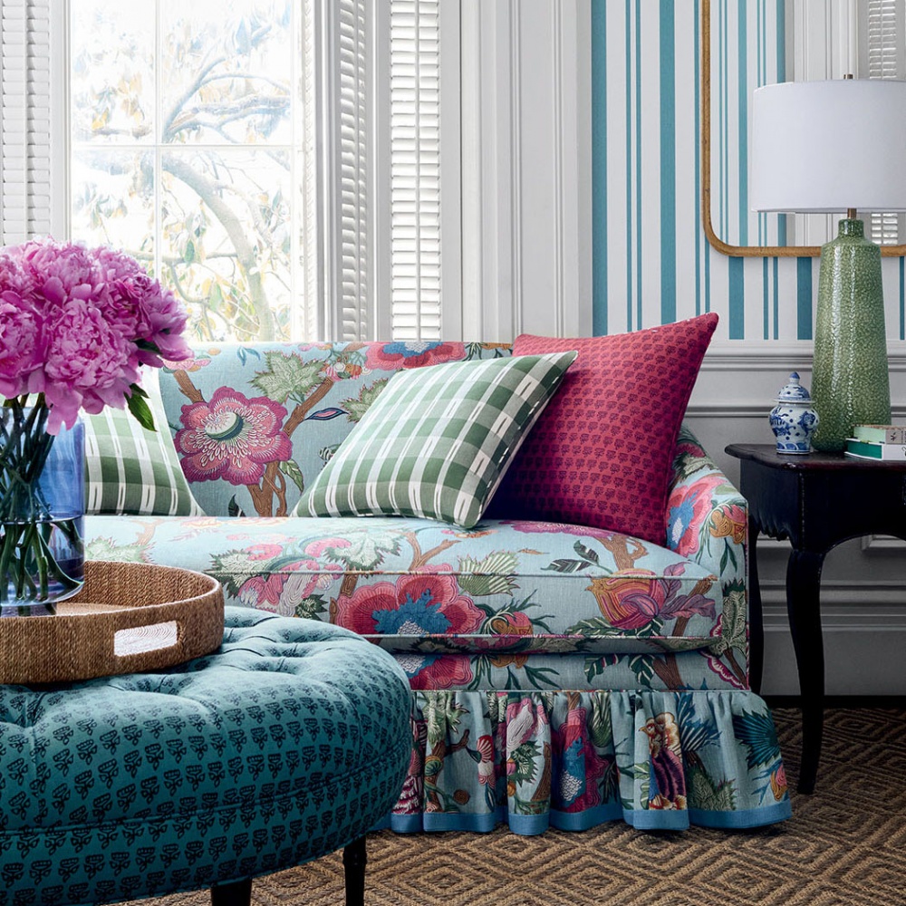 Thibaut Indienne Jacobean Fabric in Raspberry & Teal